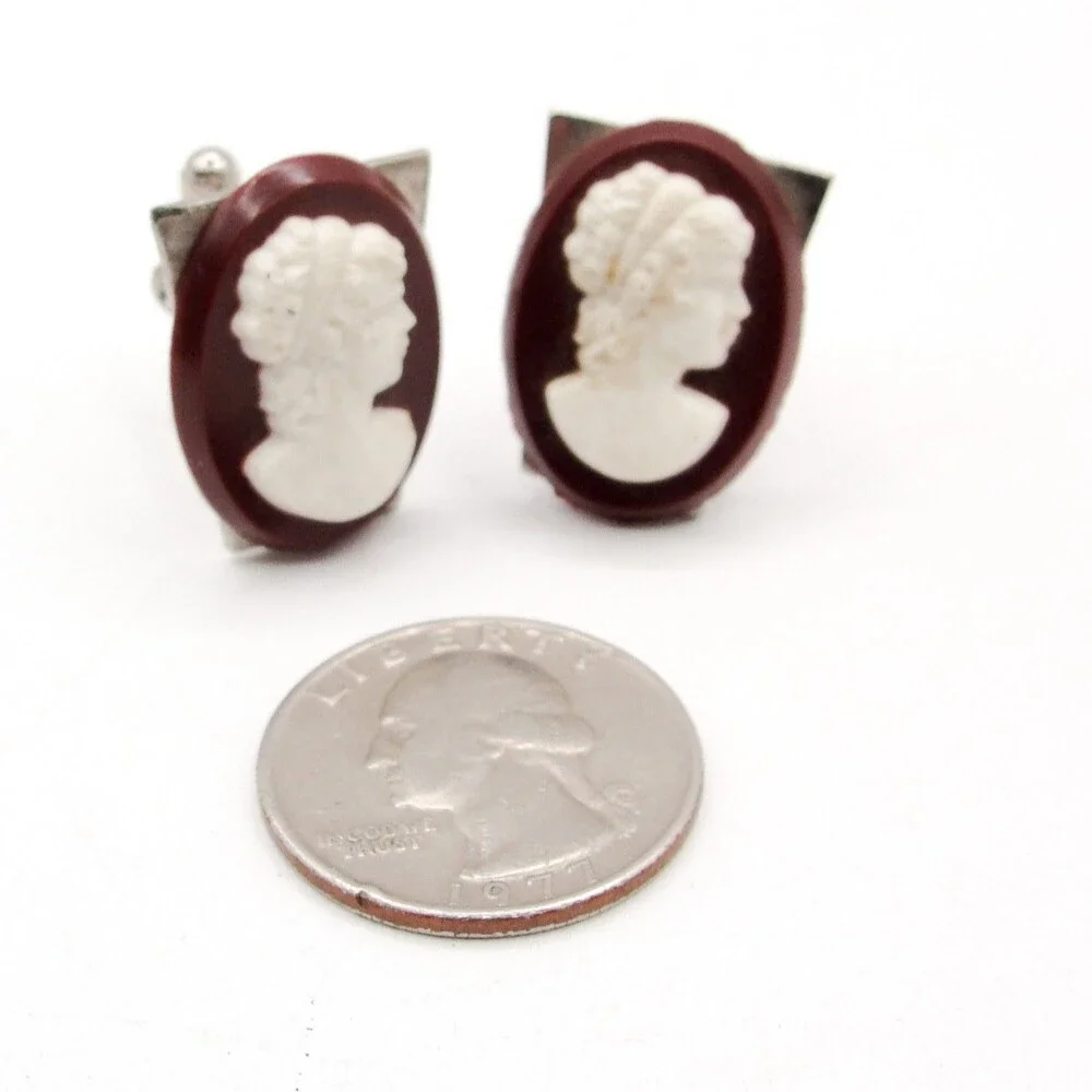 Vintage Silver Tone Victorian Goddess Lady Cameo Cufflinks Brown White MCM